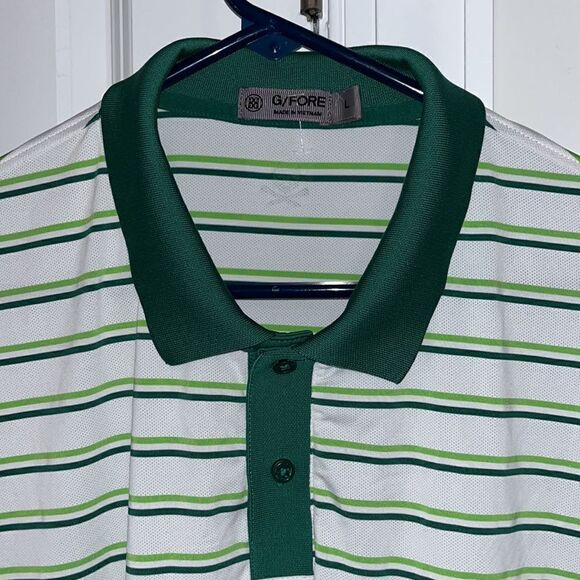 Nice men’s G/FORE Stretch White Green stripe Skull Cross Tee G Golf Polo shirt L - Picture 2 of 4